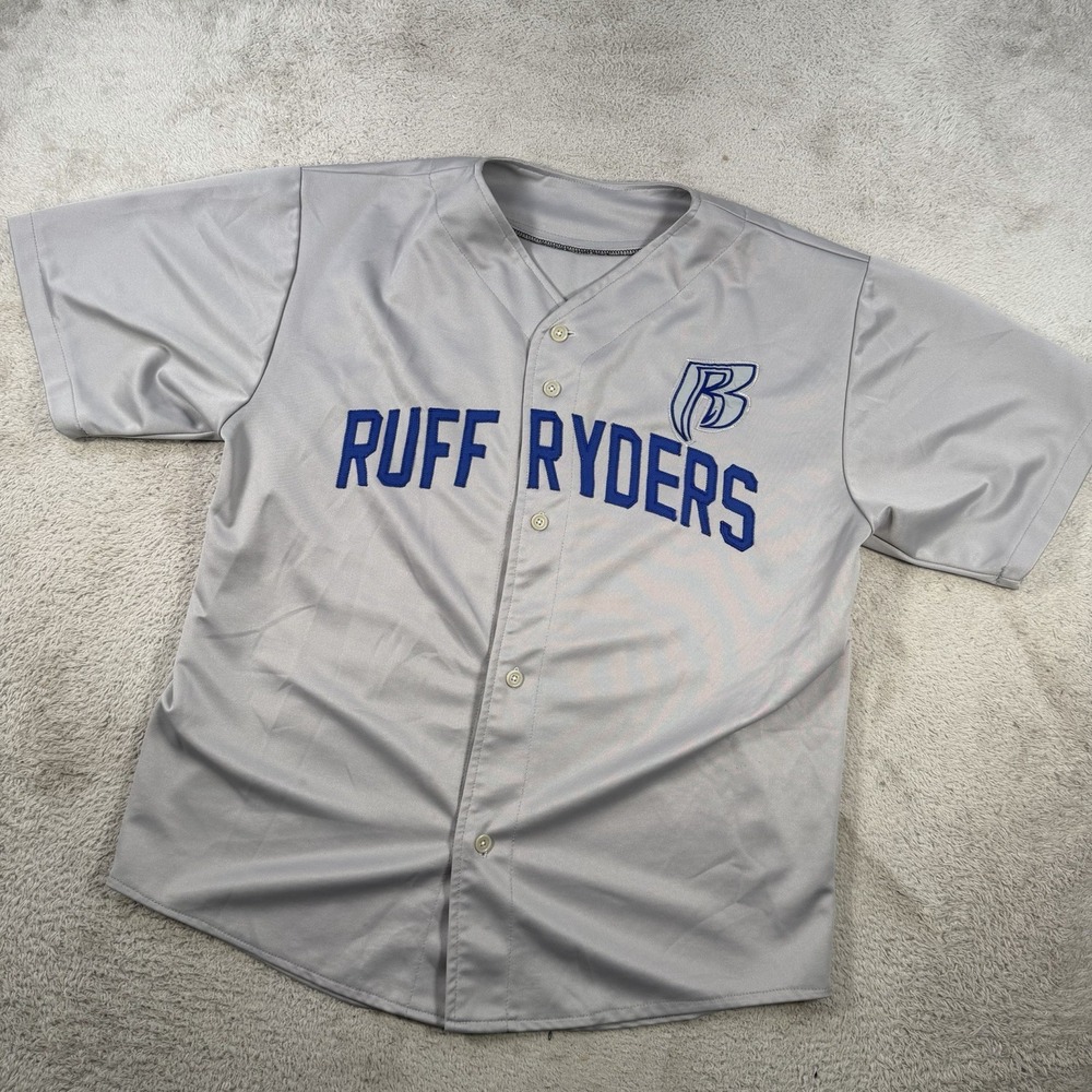 Vintage Ruff Ryders Jersey Mens XL Grey Baseball DMX Button Embroidered Hip Hop